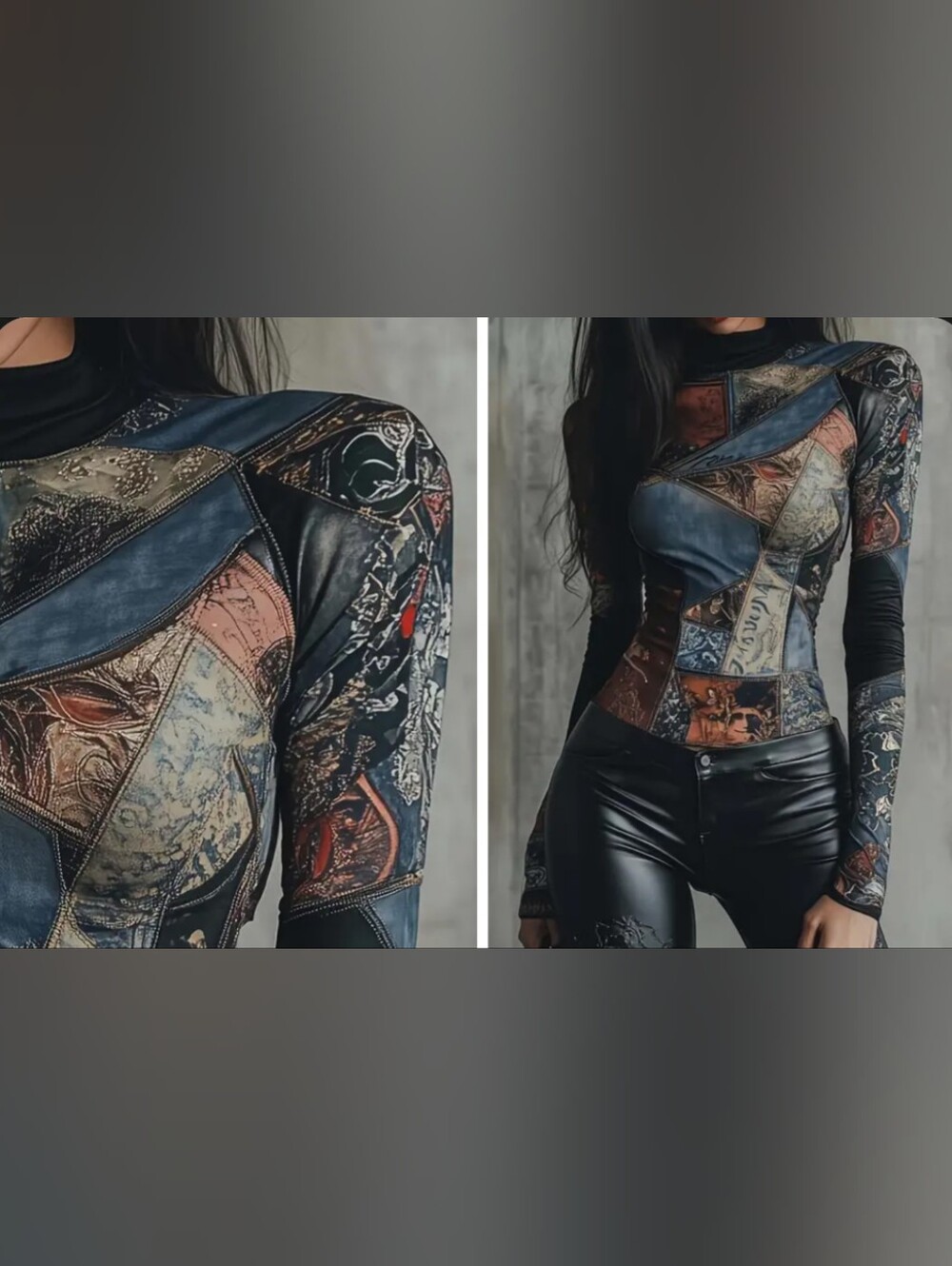 NEW Printed Collage Long Sleeve Slim-Fit Top Large - Picture 2 of 8